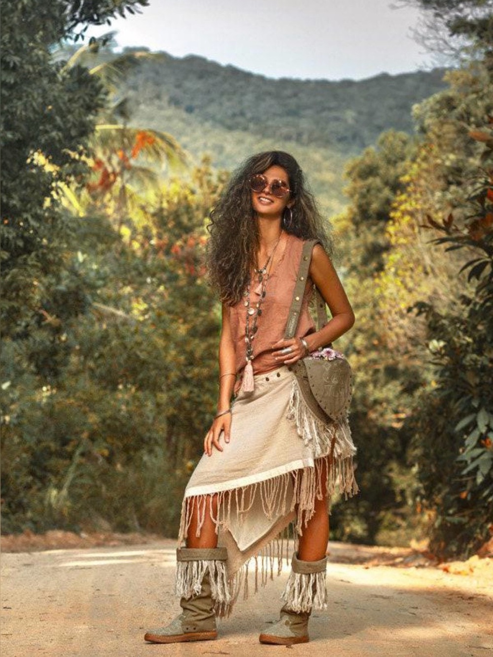 Raw Cotton Beige Boho Skirt with Fringe